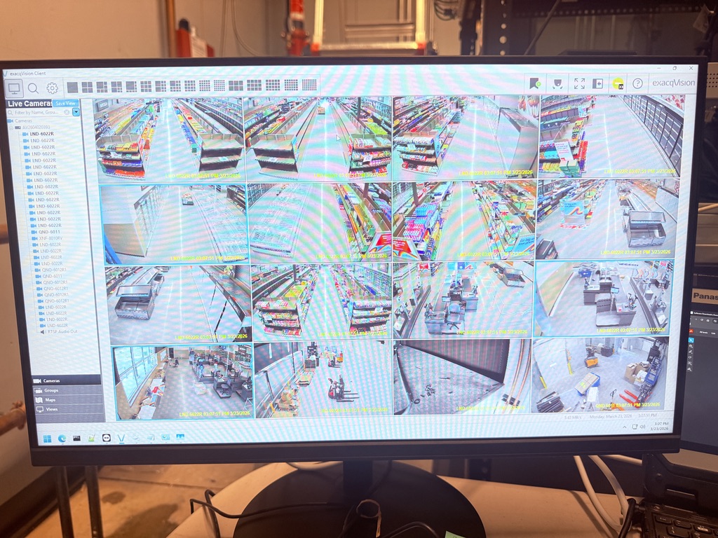 Multi-camera surveillance live feed monitoring a commercial property