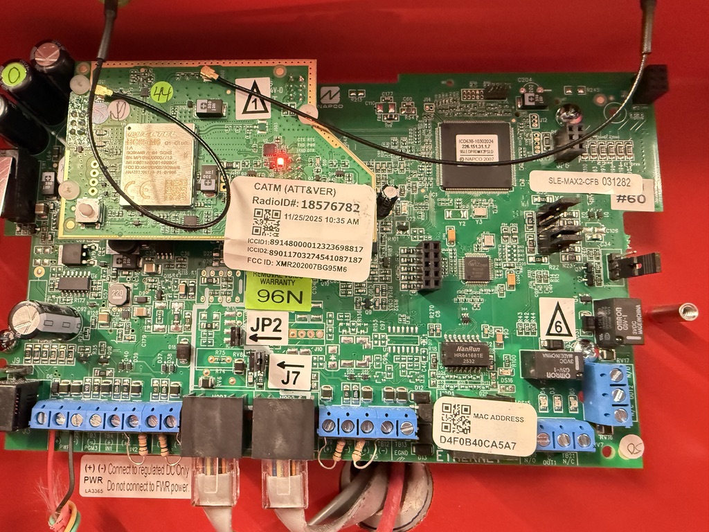 NAPCO alarm panel with cellular communicator installed during commissioning
